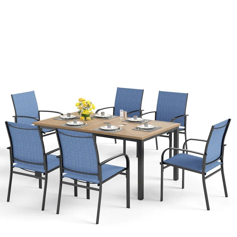 MAISON ARTS Outdoor Patio Dining Set 7 Piece Furniture Set with 6 Textilene Chairs and Metal Rectangular Brown Dining Table