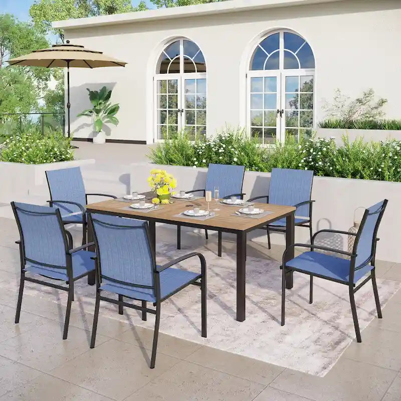 MAISON ARTS Outdoor Patio Dining Set 7 Piece Furniture Set with 6 Textilene Chairs and Metal Rectangular Brown Dining Table