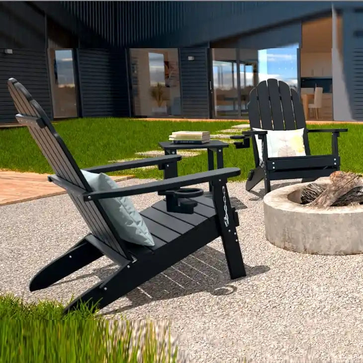 Polydun Folding Adirondack Chair Lawn Outdoor Fire Pit Chair Adirondack Chair Weather Resistant with Cup Holder/Ottoman