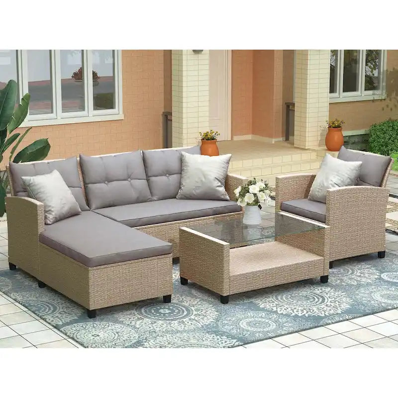 4 Piece Conversation Set Wicker Ratten Sectional Sofa with Seat Cushions