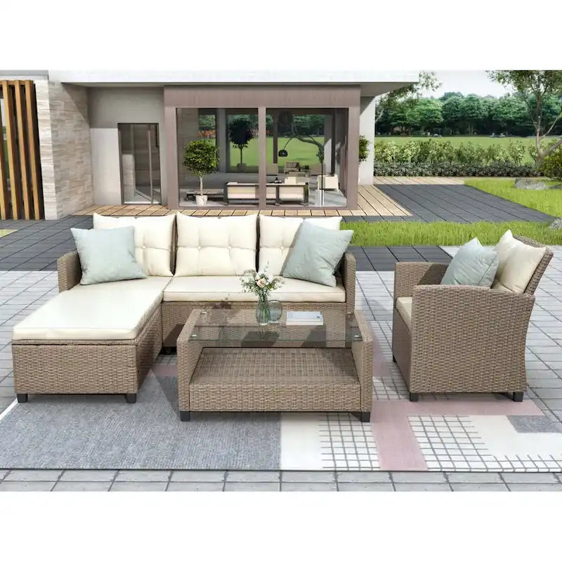 4 Piece Conversation Set Wicker Ratten Sectional Sofa with Seat Cushions