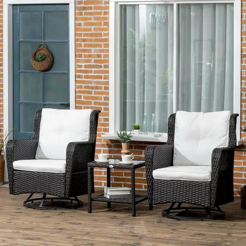 Outsunny 3-Piece Patio Bistro Set, PE Rattan Wicker Outdoor Furniture with Soft Cushions, 2 360 Swivel Rocking Chairs
