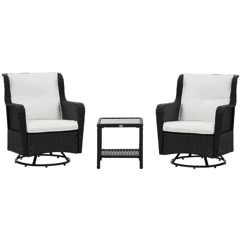Outsunny 3-Piece Patio Bistro Set, PE Rattan Wicker Outdoor Furniture with Soft Cushions, 2 360 Swivel Rocking Chairs