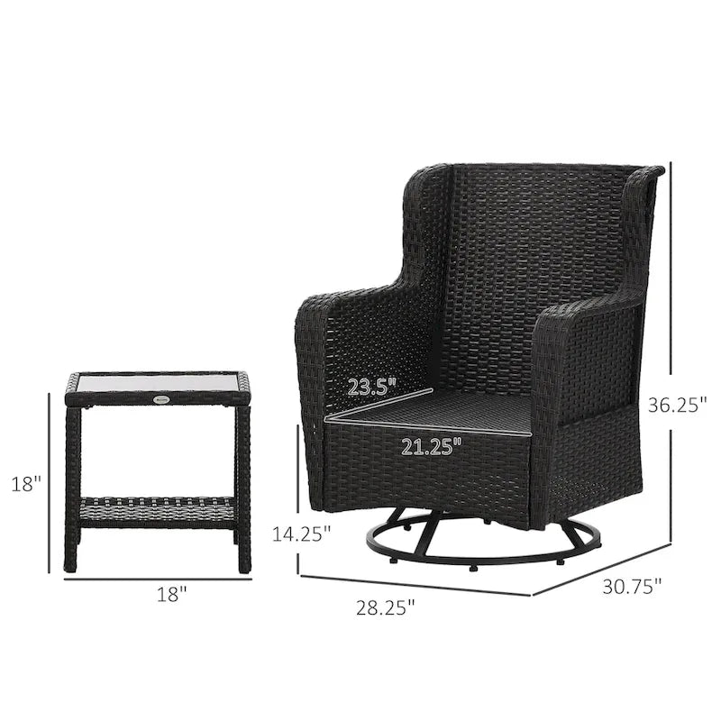 Outsunny 3-Piece Patio Bistro Set, PE Rattan Wicker Outdoor Furniture with Soft Cushions, 2 360 Swivel Rocking Chairs