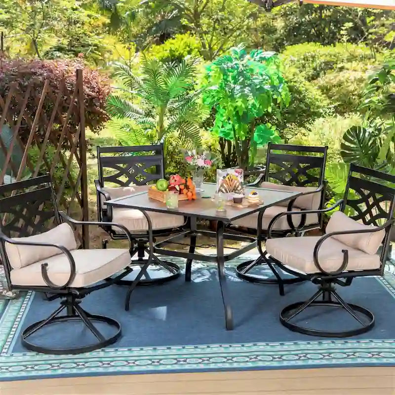 MAISON ARTS Wood-look Table and 4 Pattern Swivel Chairs with Cushion 5-Piece Metal Outdoor Patio Dining Set