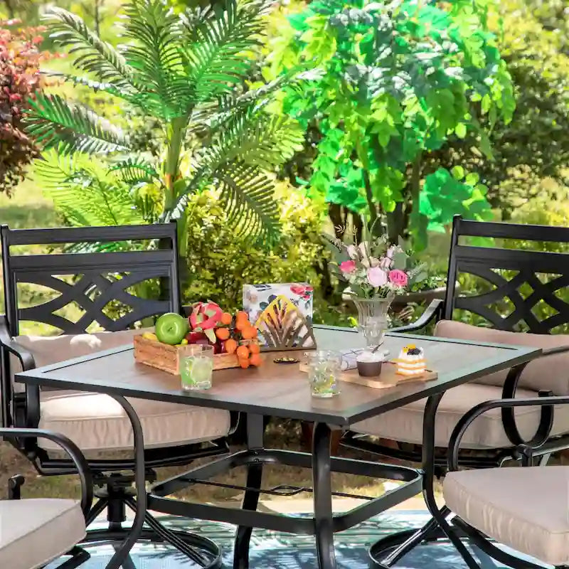 MAISON ARTS Wood-look Table and 4 Pattern Swivel Chairs with Cushion 5-Piece Metal Outdoor Patio Dining Set