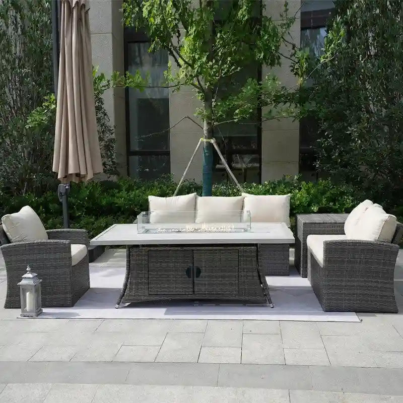 5-Piece Patio Wicker Conversation Sofa with Firepit Table and Storage Box