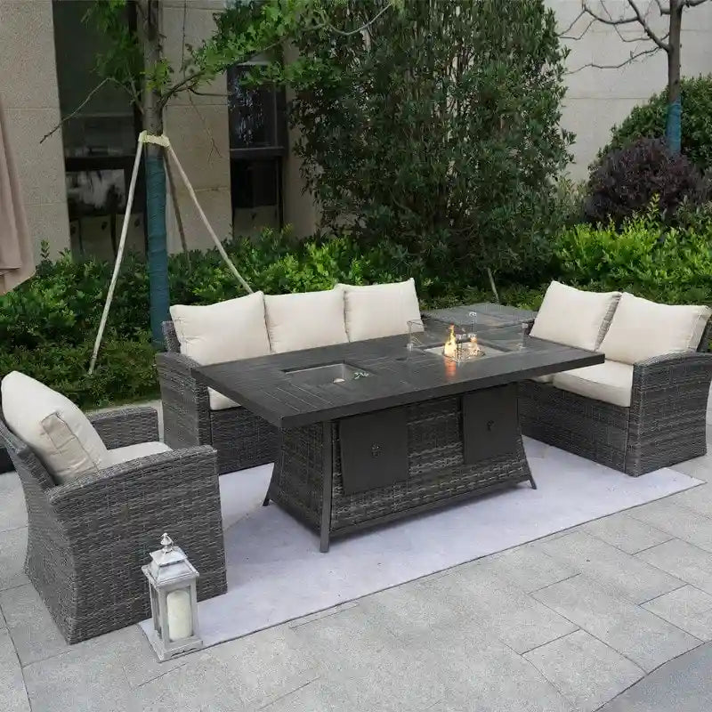 5-Piece Patio Wicker Conversation Sofa with Firepit Table and Storage Box