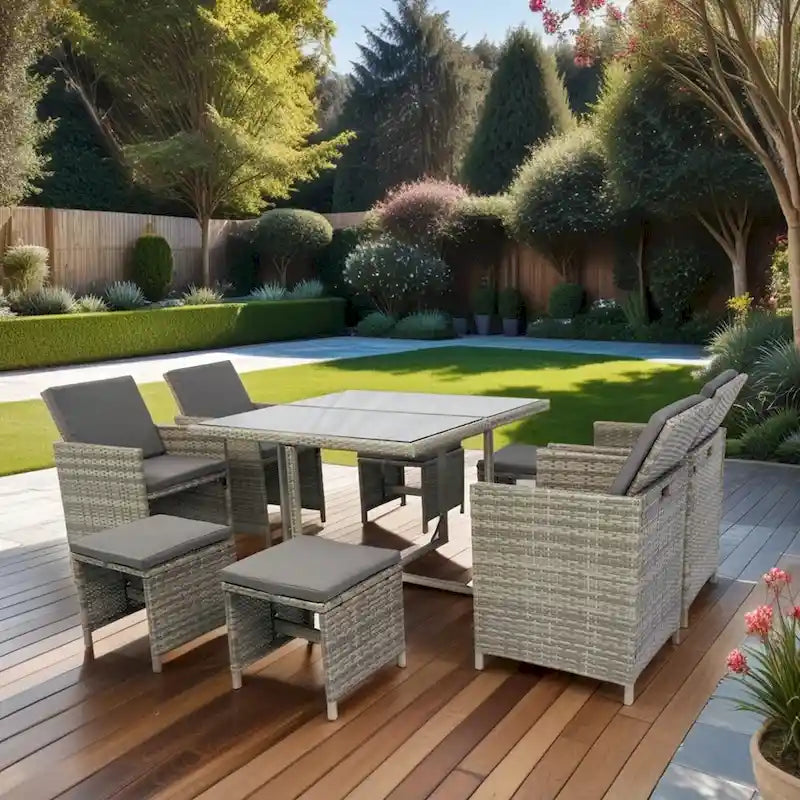 9 Pieces Patio Dining Sets Outdoor Space Saving Rattan Chairs with Glass Table