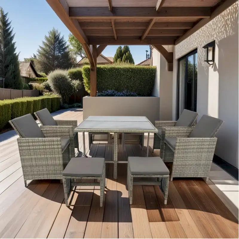 9 Pieces Patio Dining Sets Outdoor Space Saving Rattan Chairs with Glass Table