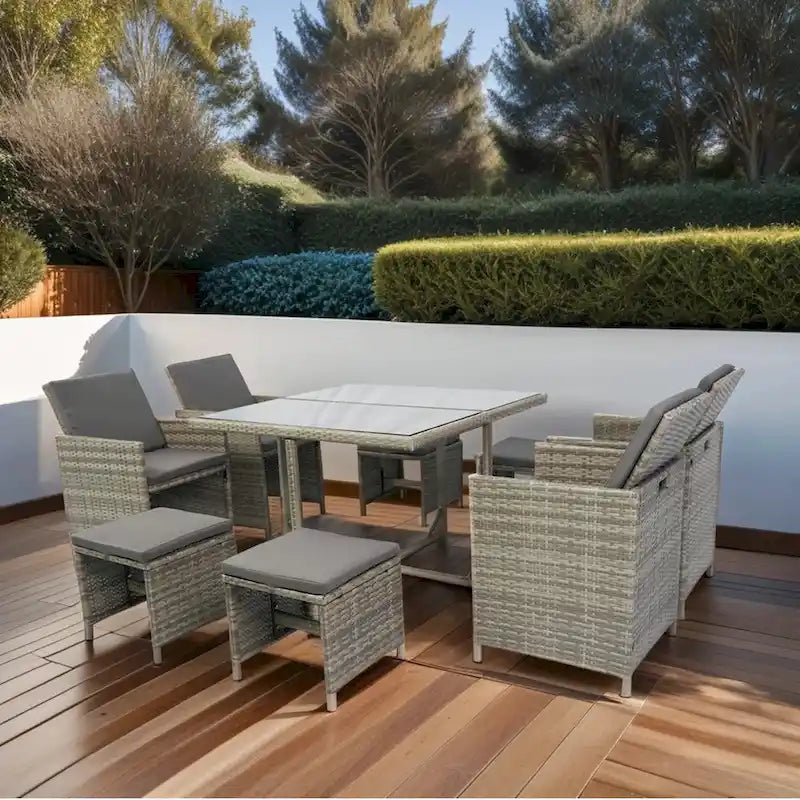 9 Pieces Patio Dining Sets Outdoor Space Saving Rattan Chairs with Glass Table