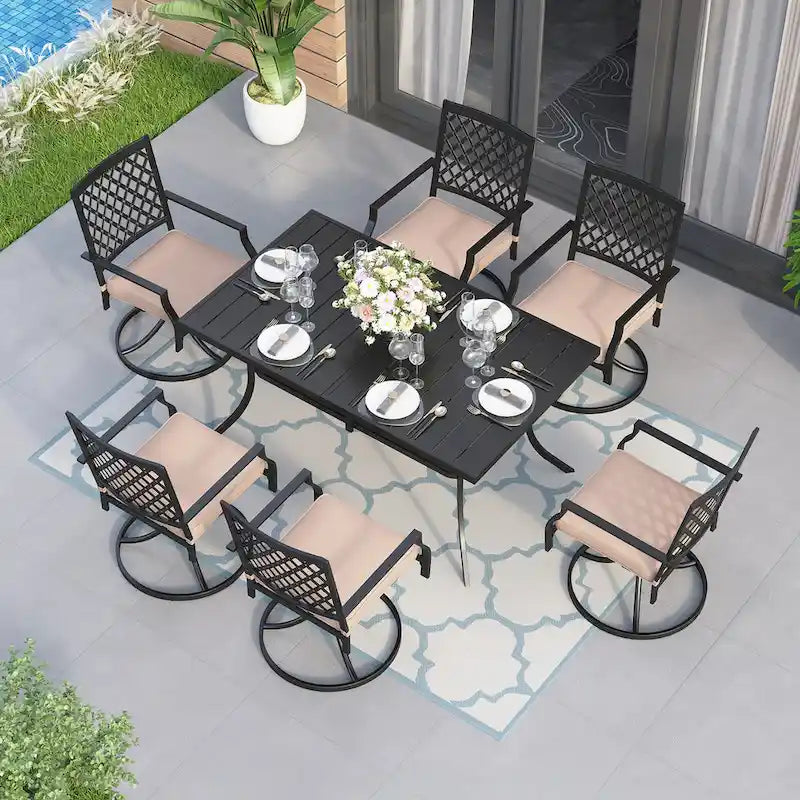 MAISON ARTS 7 Pieces Patio Dining Set, 6 x Swivel Dining Chairs with Cushion and 1 Metal Table with 2.6 Umbrella Hole