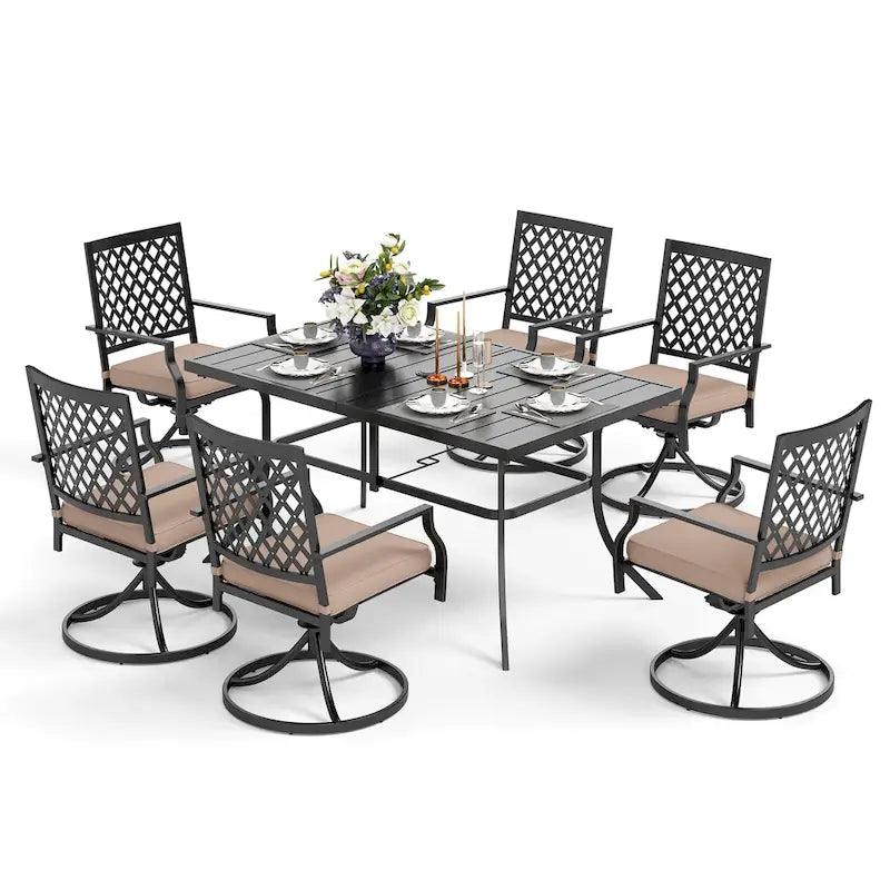 MAISON ARTS 7 Pieces Patio Dining Set, 6 x Swivel Dining Chairs with Cushion and 1 Metal Table with 2.6 Umbrella Hole