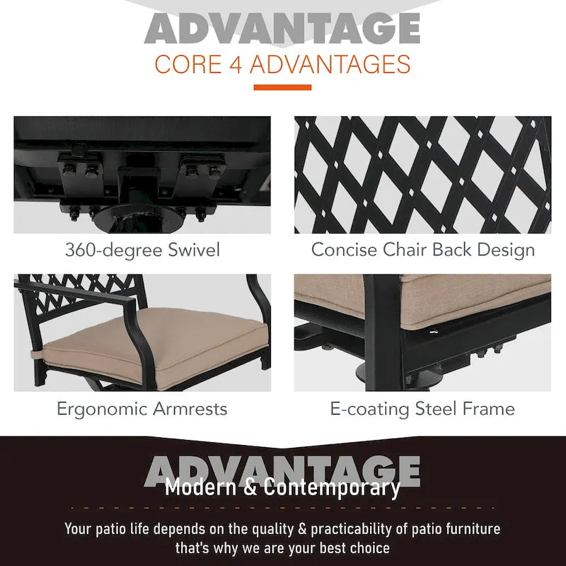 MAISON ARTS 7 Pieces Patio Dining Set, 6 x Swivel Dining Chairs with Cushion and 1 Metal Table with 2.6 Umbrella Hole