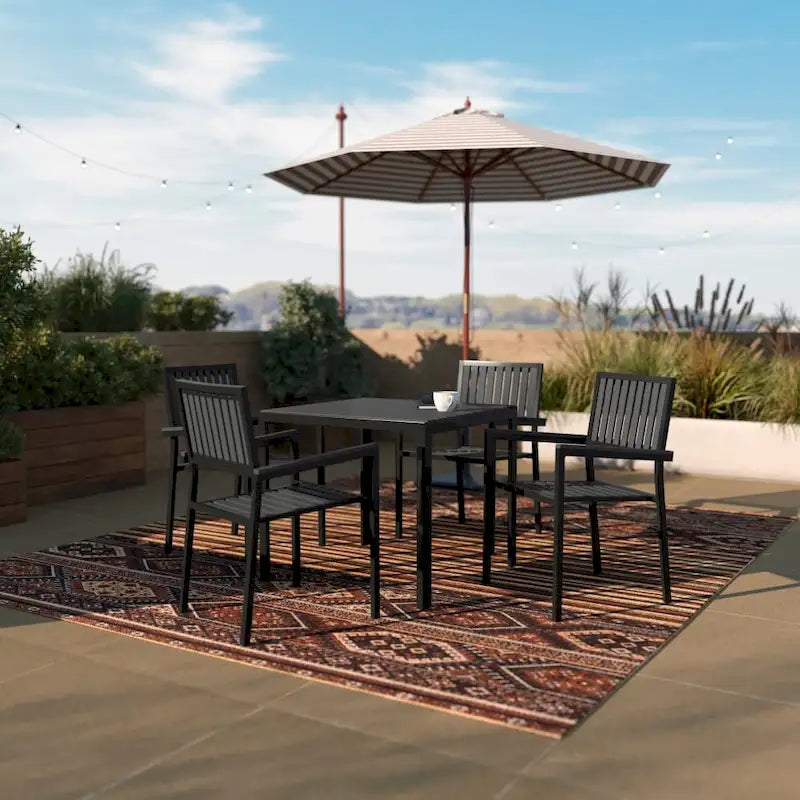 All-Weather Resin Top Square Table & 4 Metal Chairs with Poly Resin Seats