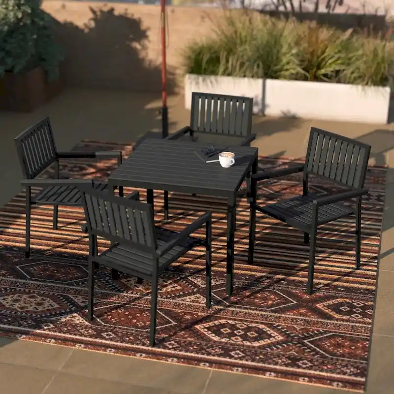 All-Weather Resin Top Square Table & 4 Metal Chairs with Poly Resin Seats