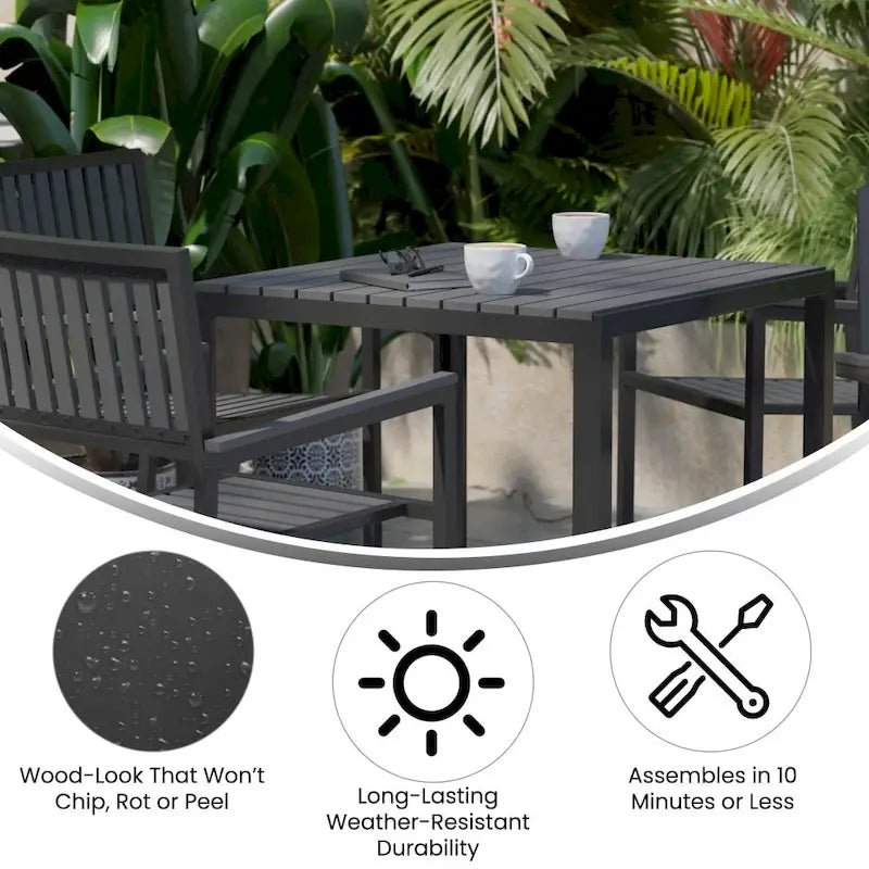 All-Weather Resin Top Square Table & 4 Metal Chairs with Poly Resin Seats