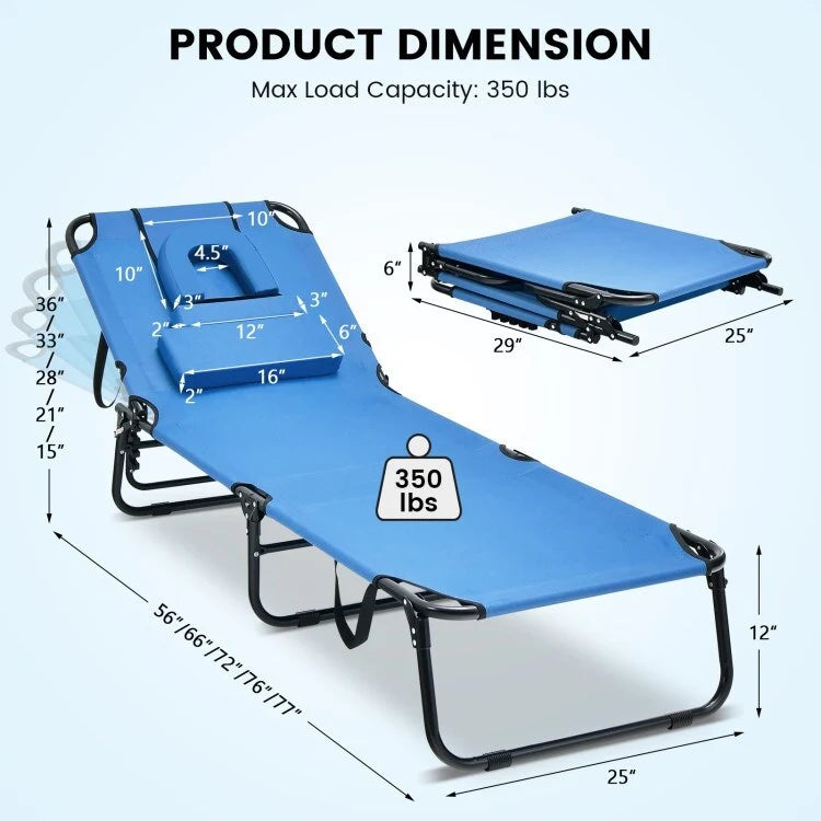 Beach Chaise Lounge Chair with Face Hole and Removable Pillow