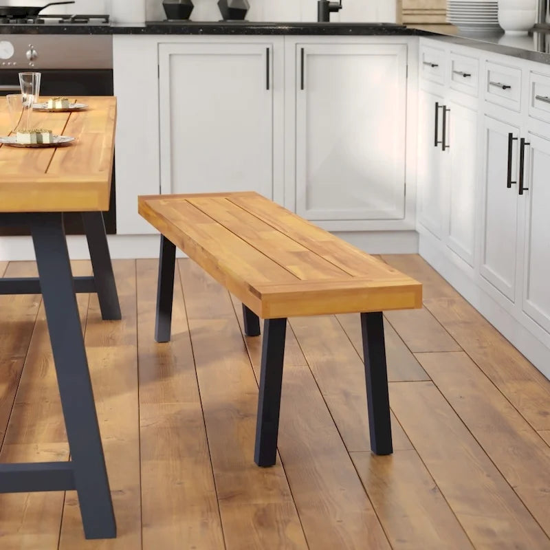 Indoor/Outdoor Solid Acacia Wood Slat Top Bench with Wood Legs