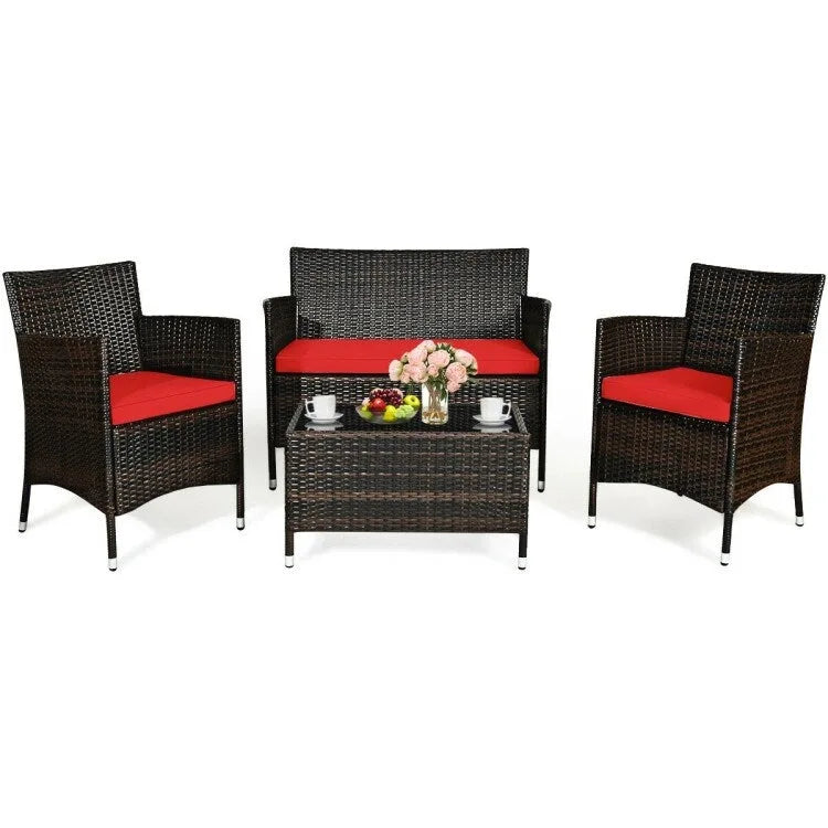 Rattan Patio Conversation Furniture Set with Glass Table and Comfortable Sofa - 4 Pcs