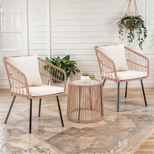 3 Piece Patio Bistro Set, Wicker Outdoor Patio Set with Coffee Side Table, Rattan Conversation Set for Balcony, Lawn, Garden