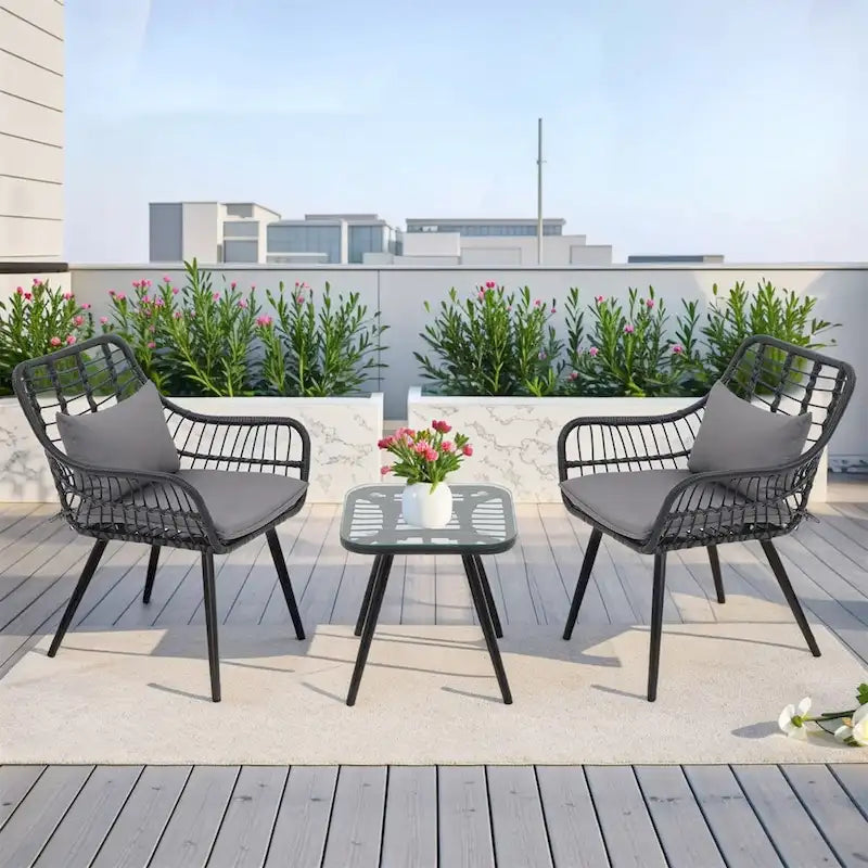3 Piece Patio Bistro Set, Wicker Outdoor Patio Set with Coffee Side Table, Rattan Conversation Set for Balcony, Lawn, Garden
