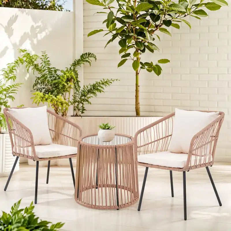 3 Piece Patio Bistro Set, Wicker Outdoor Patio Set with Coffee Side Table, Rattan Conversation Set for Balcony, Lawn, Garden