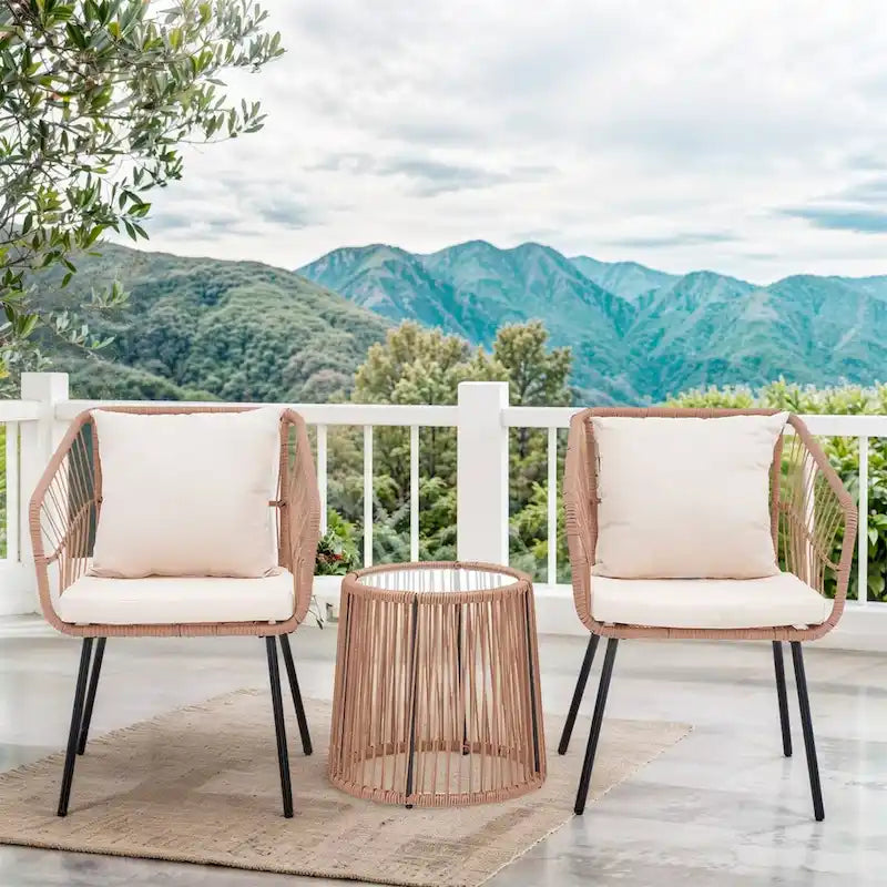 3 Piece Patio Bistro Set, Wicker Outdoor Patio Set with Coffee Side Table, Rattan Conversation Set for Balcony, Lawn, Garden