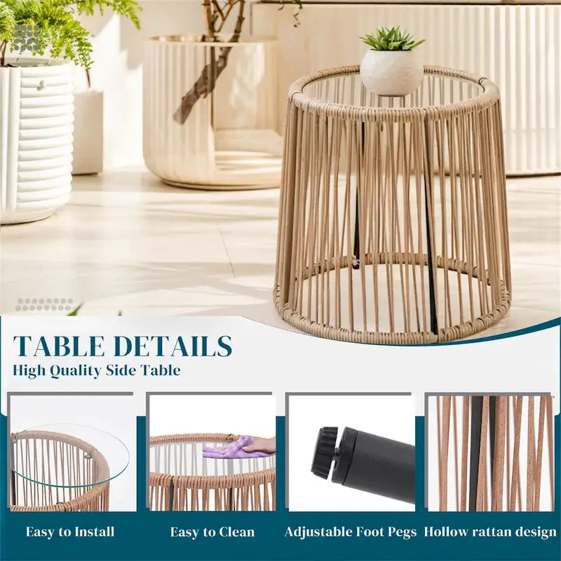 3 Piece Patio Bistro Set, Wicker Outdoor Patio Set with Coffee Side Table, Rattan Conversation Set for Balcony, Lawn, Garden