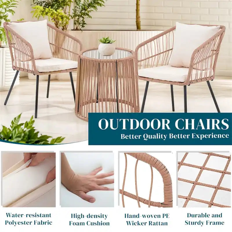 3 Piece Patio Bistro Set, Wicker Outdoor Patio Set with Coffee Side Table, Rattan Conversation Set for Balcony, Lawn, Garden