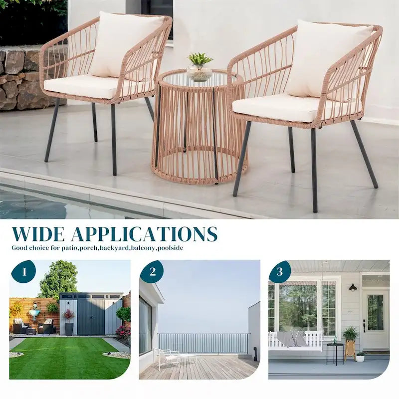 3 Piece Patio Bistro Set, Wicker Outdoor Patio Set with Coffee Side Table, Rattan Conversation Set for Balcony, Lawn, Garden