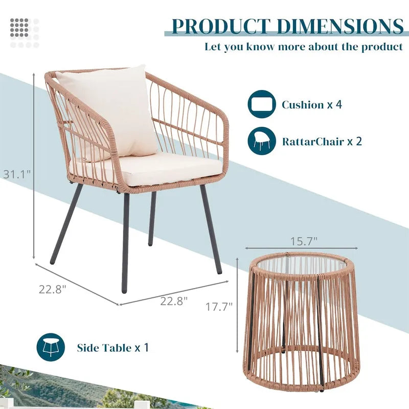 3 Piece Patio Bistro Set, Wicker Outdoor Patio Set with Coffee Side Table, Rattan Conversation Set for Balcony, Lawn, Garden