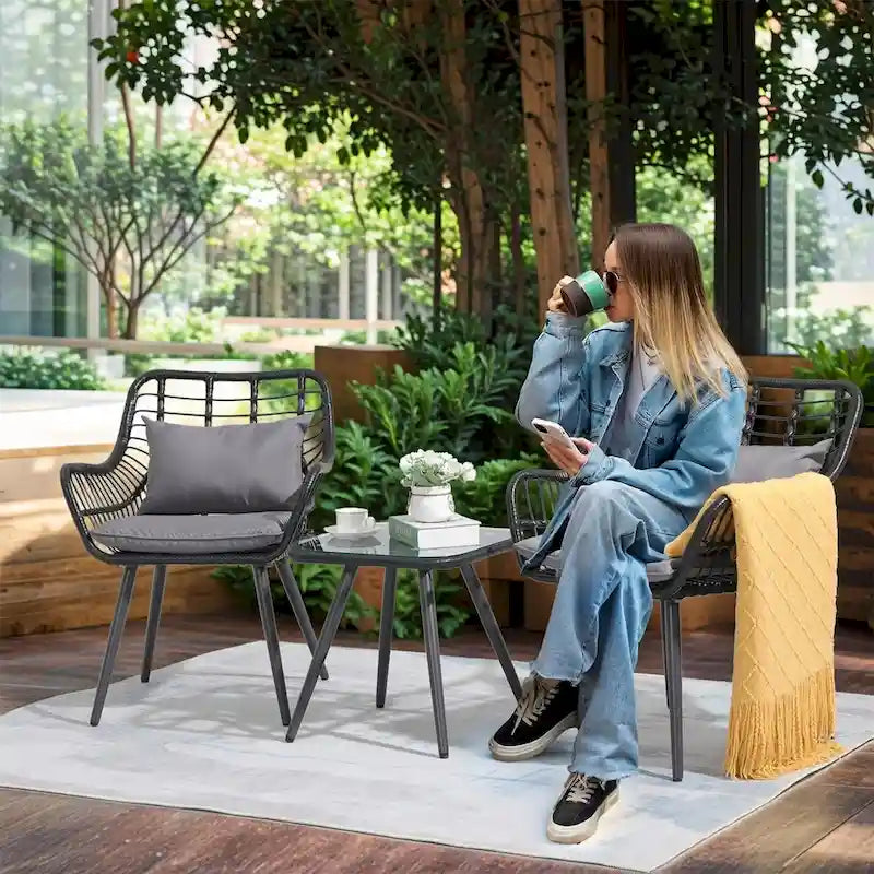 3 Piece Patio Bistro Set, Wicker Outdoor Patio Set with Coffee Side Table, Rattan Conversation Set for Balcony, Lawn, Garden