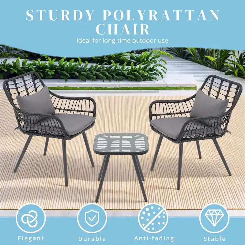 3 Piece Patio Bistro Set, Wicker Outdoor Patio Set with Coffee Side Table, Rattan Conversation Set for Balcony, Lawn, Garden