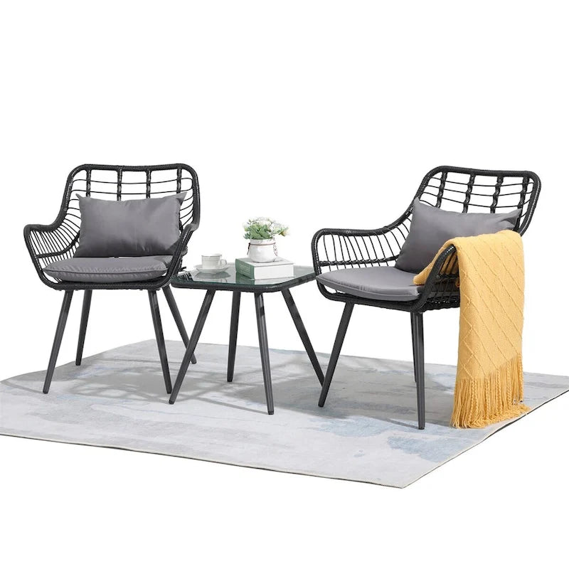 3 Piece Patio Bistro Set, Wicker Outdoor Patio Set with Coffee Side Table, Rattan Conversation Set for Balcony, Lawn, Garden