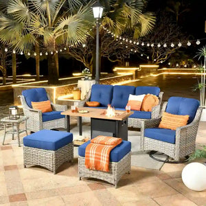 HOOOWOOO 7-piece Wicker High Back Patio Furniture Swivel Rocker Set with Fire Pit
