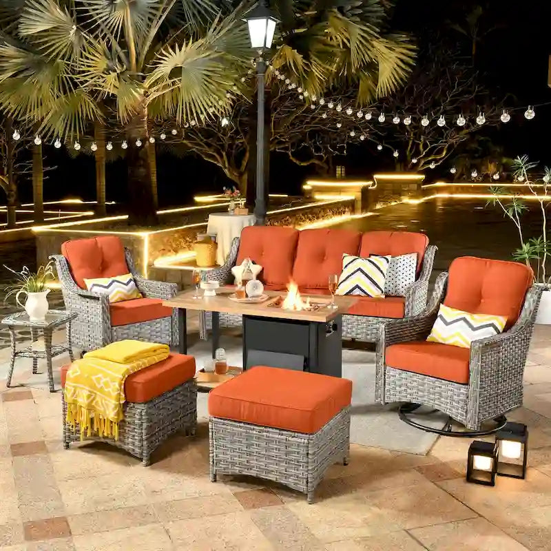 HOOOWOOO 7-piece Wicker High Back Patio Furniture Swivel Rocker Set with Fire Pit