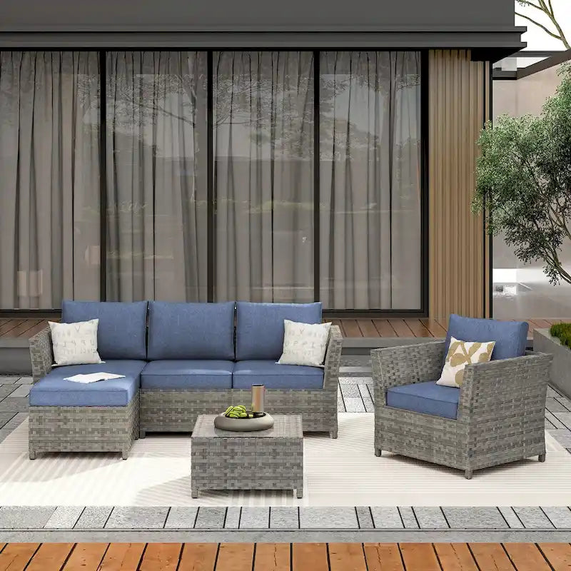 HOOOWOOO 6-piece Grey Rattan Patio Furniture Outdoor Sectional Set with Ottoman