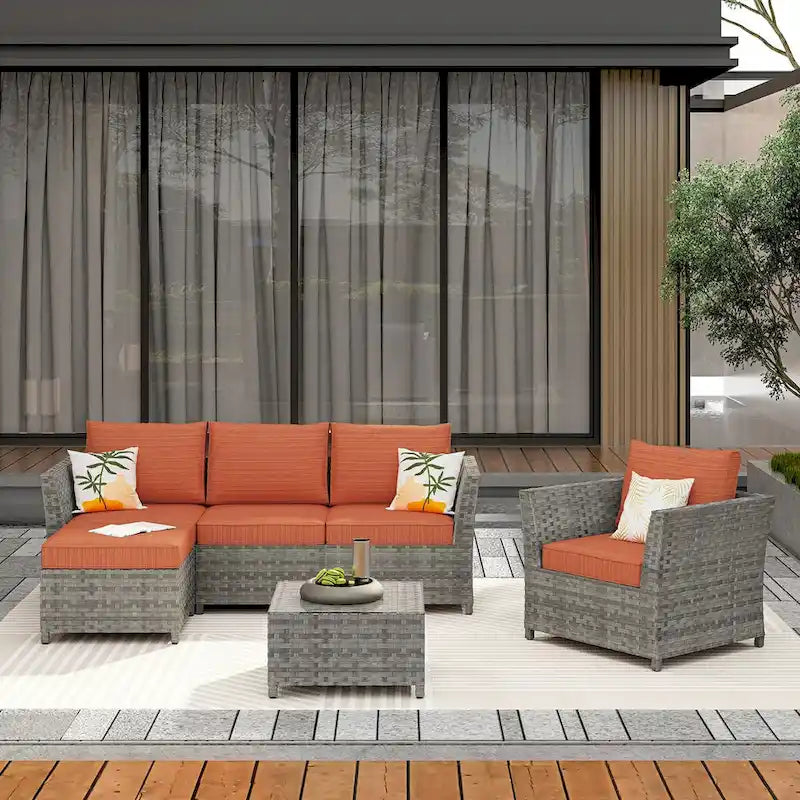 Ensemble de mobilier de jardin HOOOWOOO 6 pièces en rotin gris avec pouf