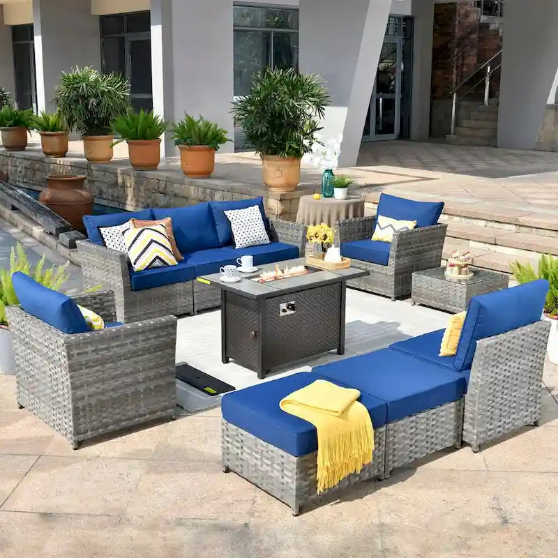 HOOOWOOO 10-piece Wicker Patio Furniture Sectional Set with Steel Fire Pit Table