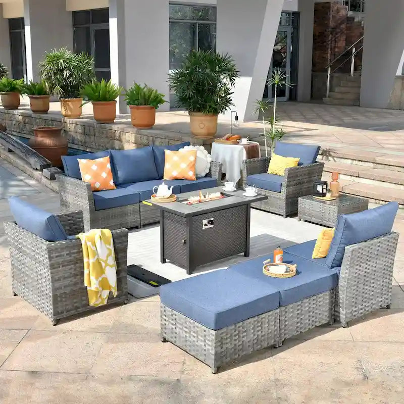 HOOOWOOO 10-piece Wicker Patio Furniture Sectional Set with Steel Fire Pit Table