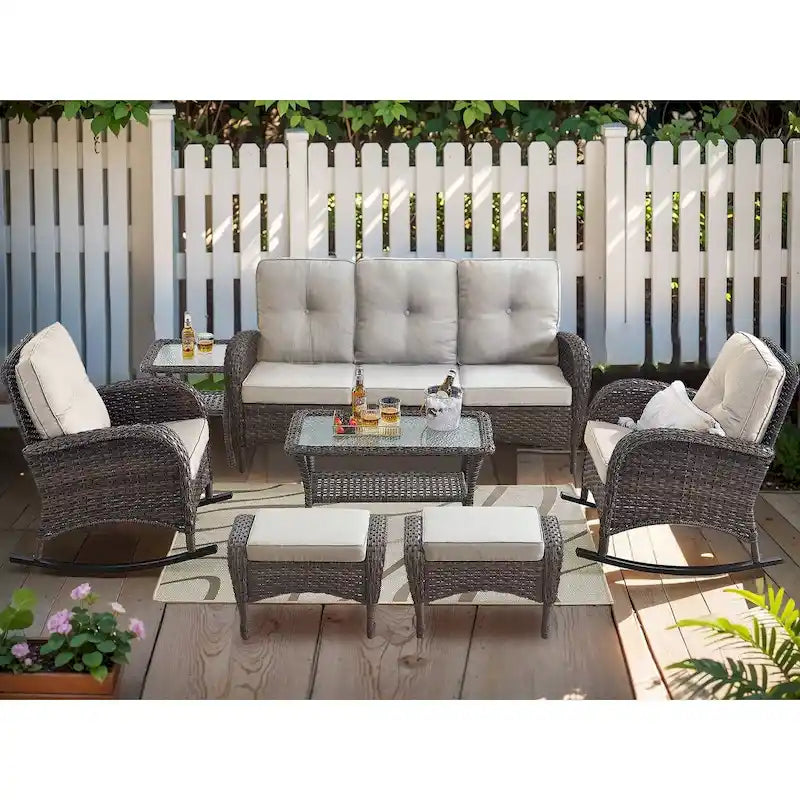 7 Piece Outdoor Sofa with Rocking Chairs and Ottomans - Brown