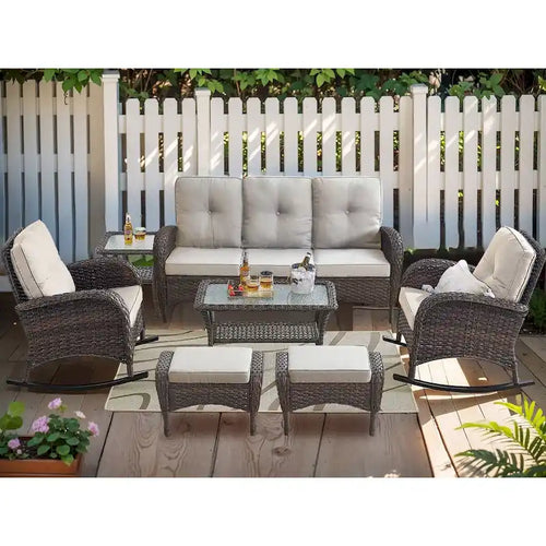 7 Piece Outdoor Sofa with Rocking Chairs and Ottomans - Brown