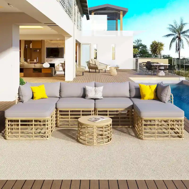 7 Pieces Outdoor Patio Furniture, All-Weather Rattan Sectional Sofa Set with Thick Cushions and Pillows, Conversation Sets