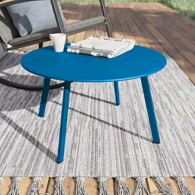 Patio Round Steel Coffee Table, Weather-Resistant Large Outside Side Table for Garden Balcony Yard - 27.6 x 27.6 x 15.8 inch