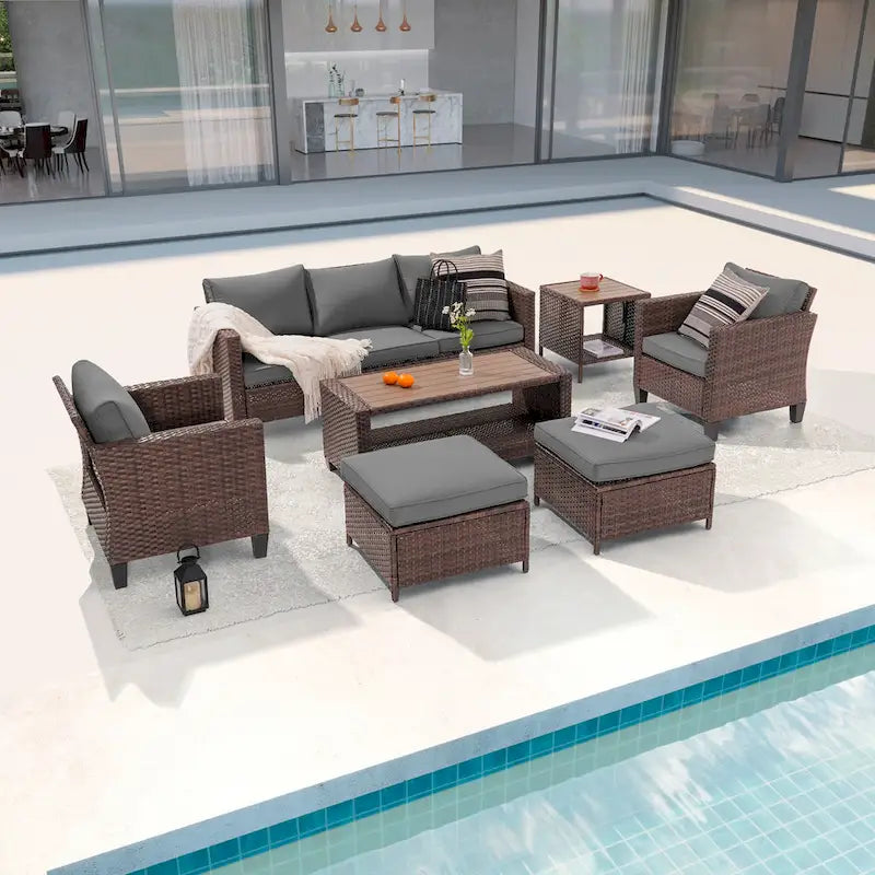 LIVOOSUN Outdoor 7Pcs Furniture Conversation Brown Rattan Sofa Set w/2 Tables