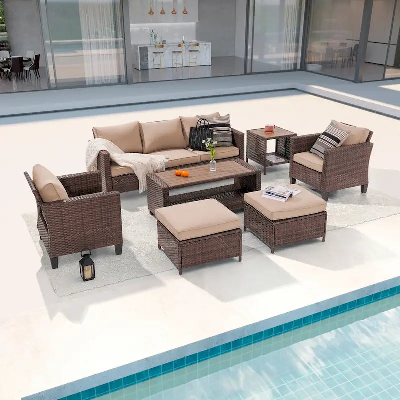 LIVOOSUN Outdoor 7Pcs Furniture Conversation Brown Rattan Sofa Set w/2 Tables