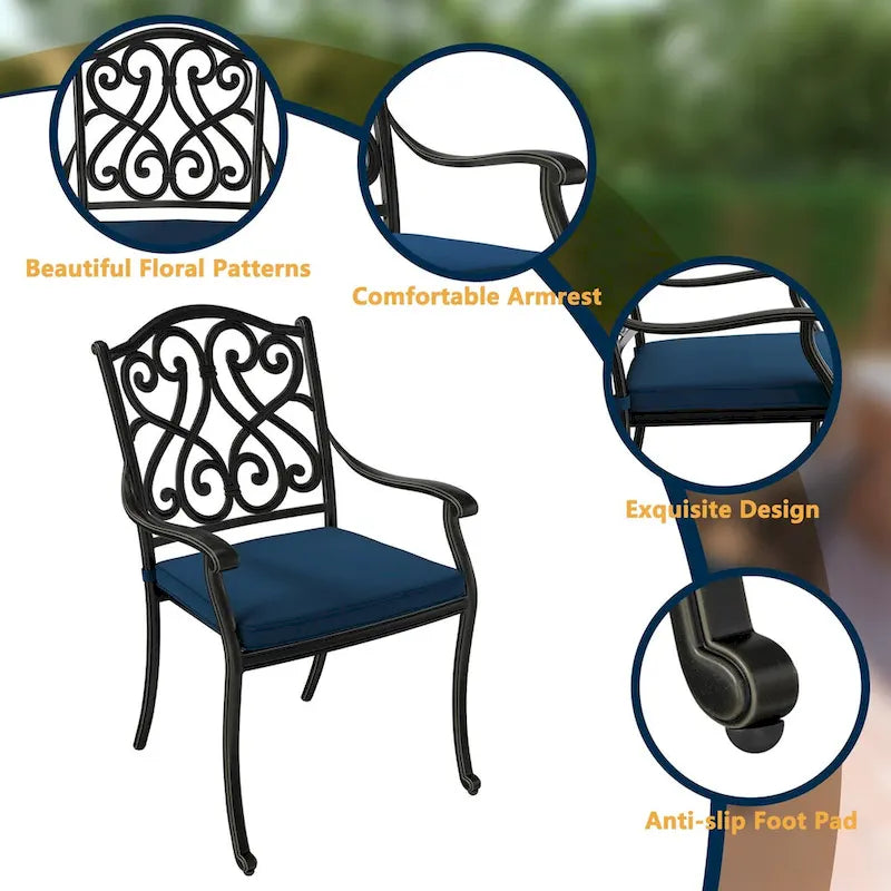 Patio Cast Aluminum Carved Dining Chairs with Cushions(Set of 4)