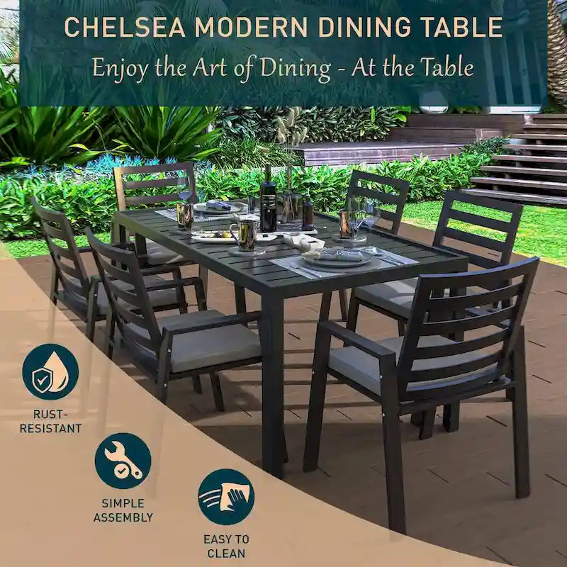 LeisureMod Chelsea 63 Rectangular Outdoor Aluminum Family Dining Table, Furniture for Patio Porch Garden Backyard