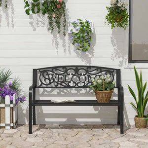 Outdoor Metal Garden Bench with Slatted Seat for Park, Porch, Yard, Entryway, Black